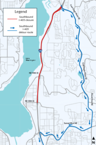 Map of I-405S detour through Coal Creek